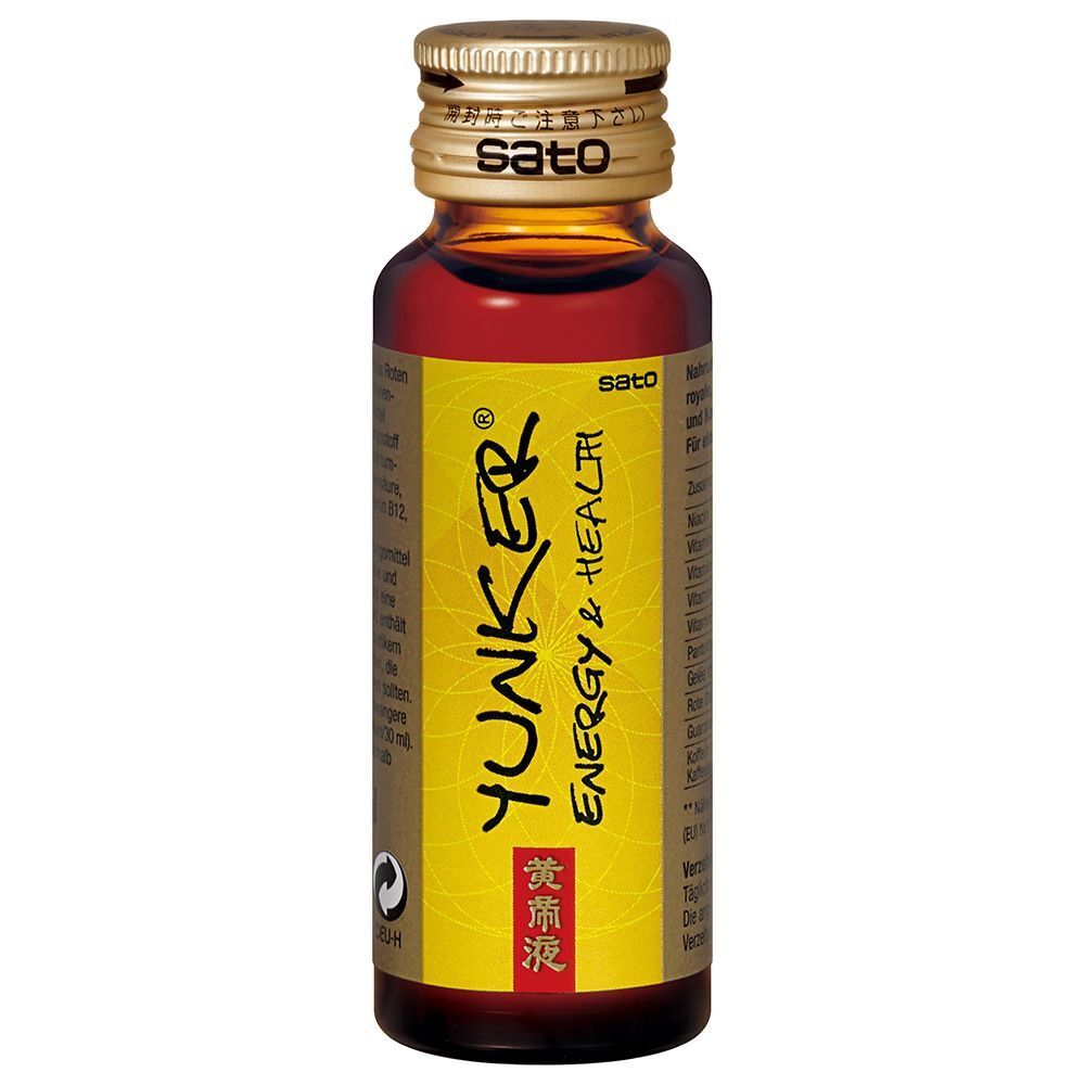 Yunker Energy & Health Flasche. Braune Glasflasche mit gelbem Etikett und silbernem Verschluss.
