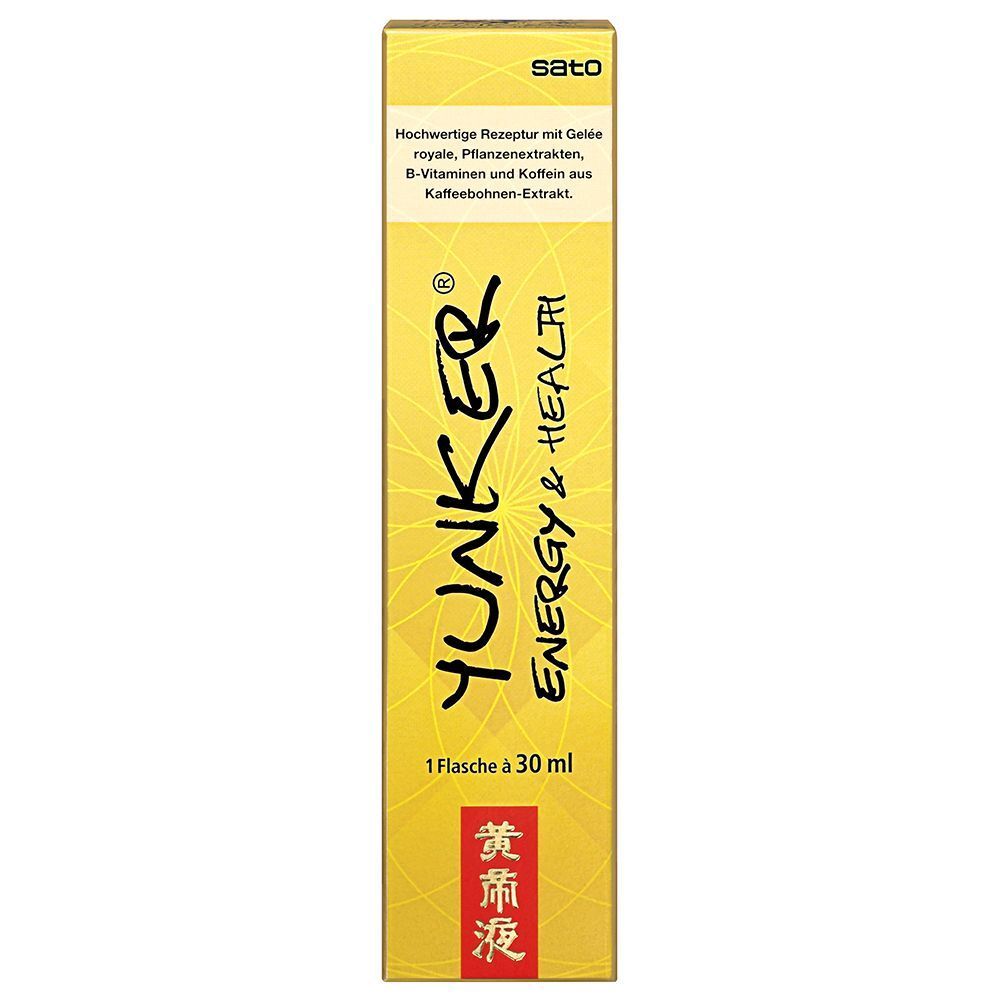 Yunker Energy & Health Karton. Gelbe Verpackung mit Produktinformationen und japanischen Schriftzeichen.