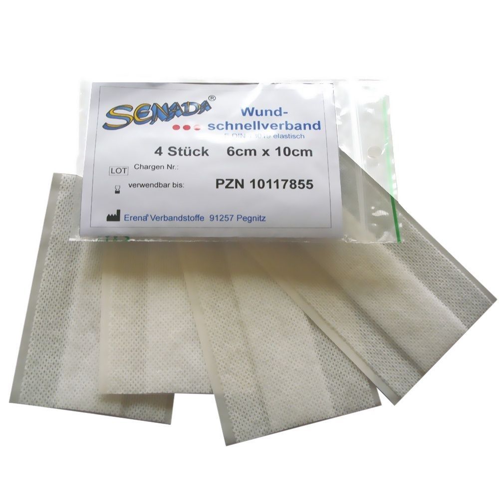 Verpackung mit SENADA Wundschnellverband. Enthält 4 Stück, 6cm x 10cm. Aufschrift: Wundschnellverband, PZN 10117855.