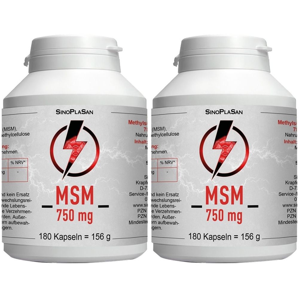 Zwei weiße Flaschen mit Schraubverschluss. Aufschrift: SinoPlaSan, MSM 750 mg, 180 Kapseln. Roter Blitz-Grafik.