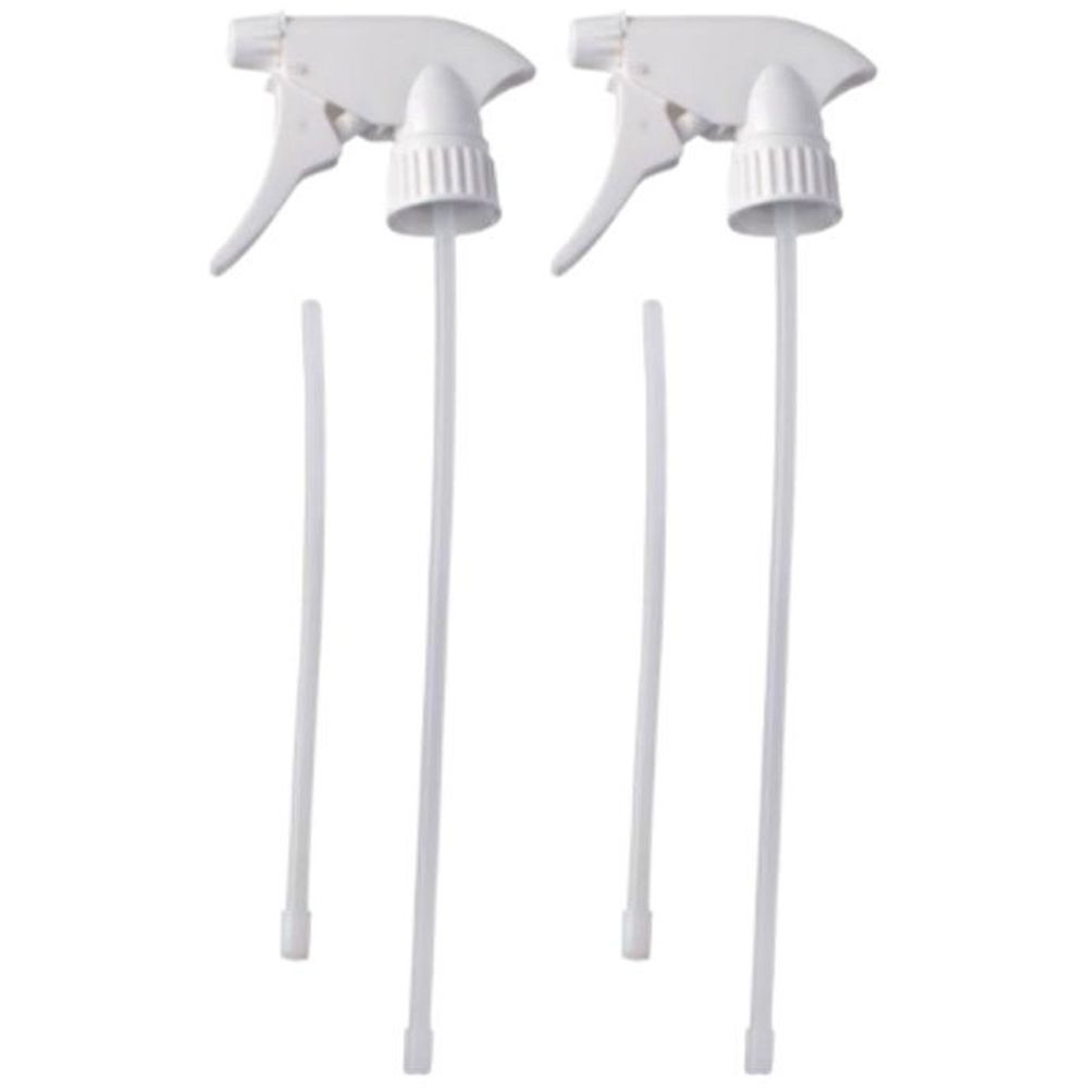 Zwei weiße Sprühpumpen mit Ansaugrohren. Die Pumpen haben einen Auslöser und einen Schraubverschluss.