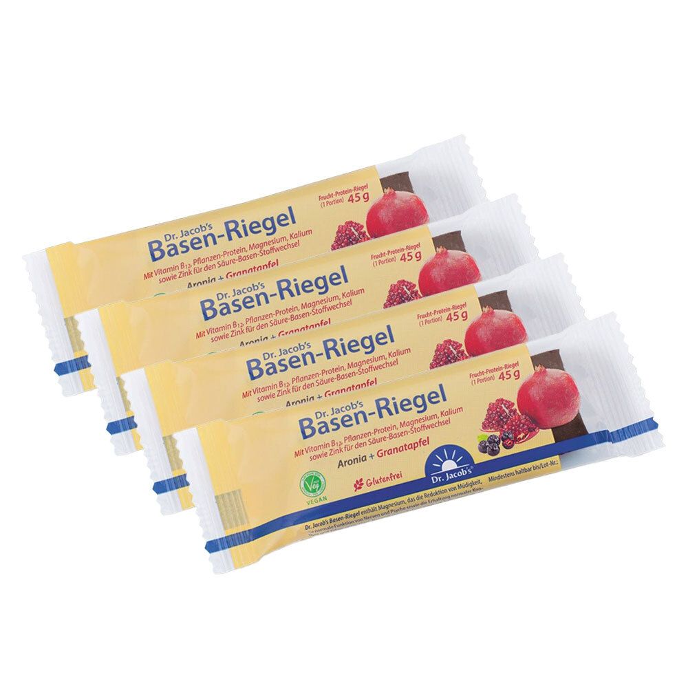Vier Riegel in Einzelverpackung. Aufdruck: Dr. Jacob's Basen-Riegel, Granatapfel, Dattel, Frucht, Protein, Vitamin B12, vegan, 45g.