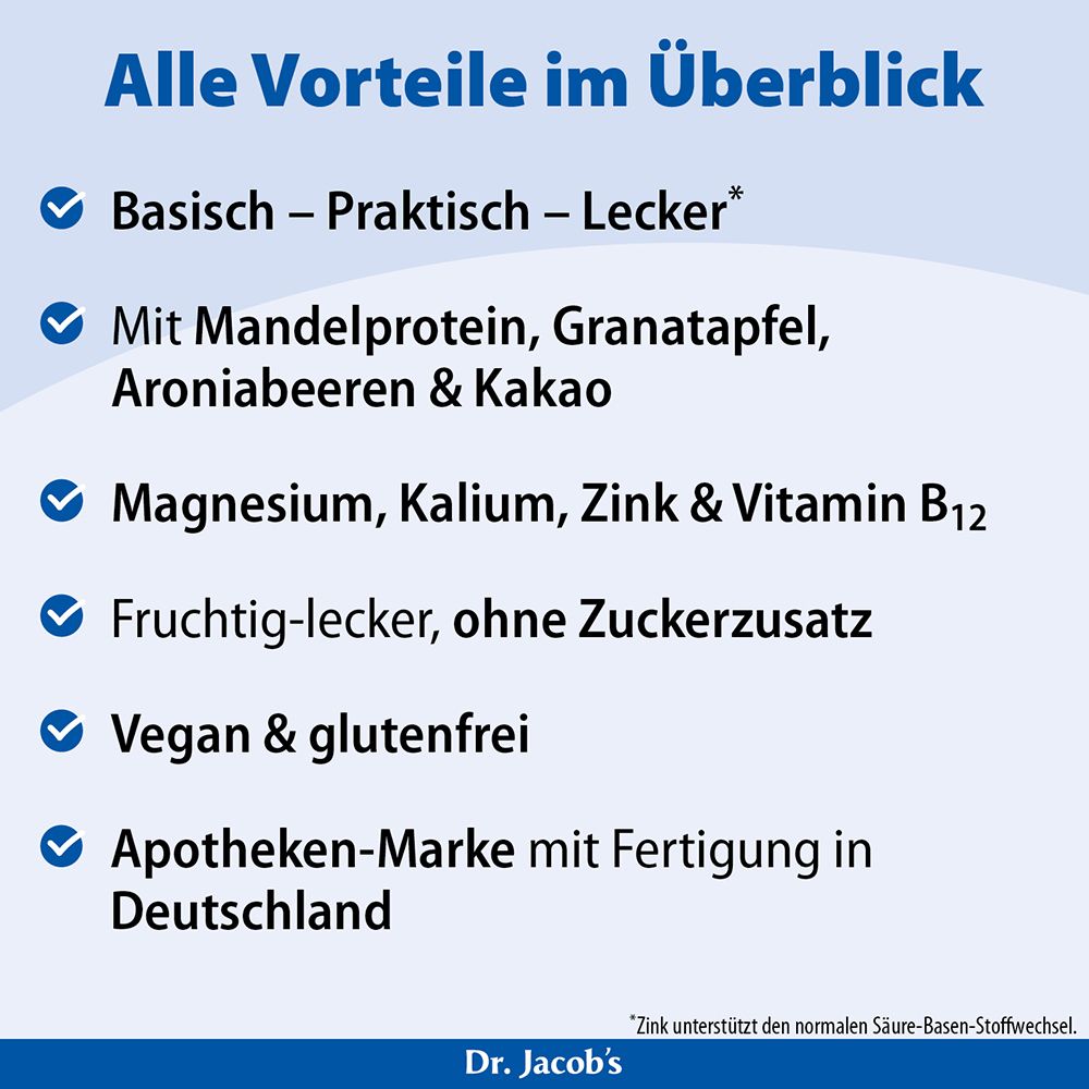 Übersicht der Vorteile: Basisch, praktisch, lecker mit Mandelprotein, Granatapfel, Aroniabeeren & Kakao. Enthält Magnesium, Kalium, Zink & Vitamin B12. Fruchtig, ohne Zuckerzusatz, vegan & glutenfrei. Apotheken-Marke.