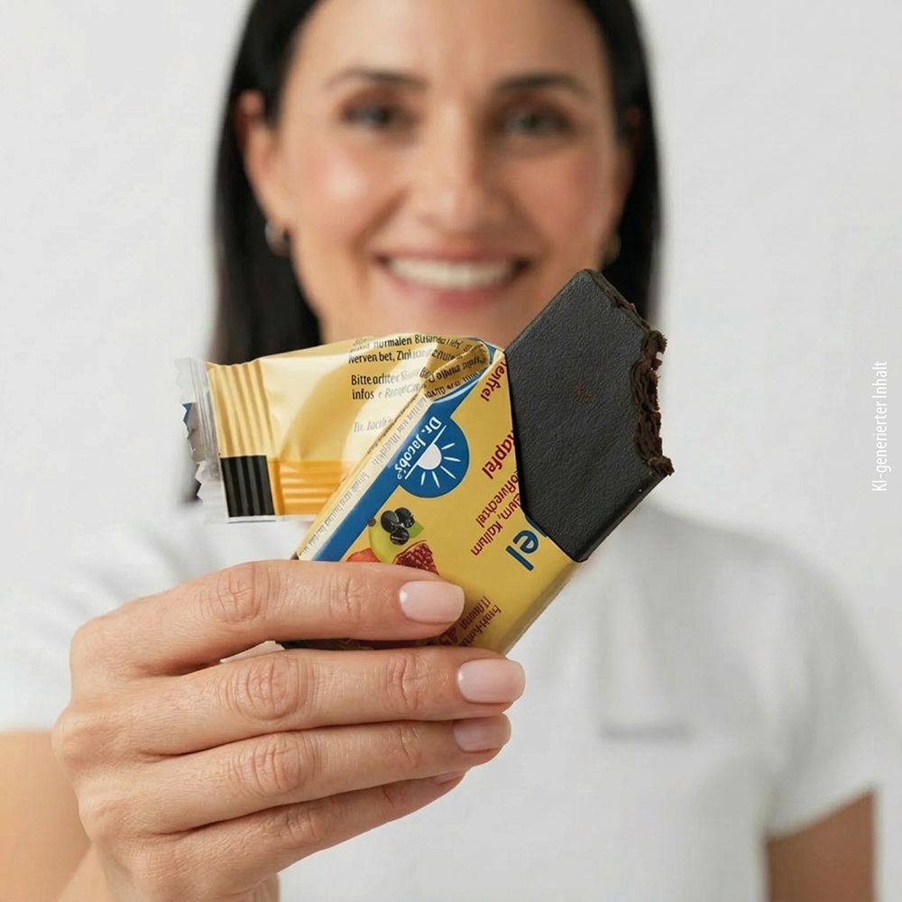 Riegel mit dunkler Schokoladenummantelung, teilweise ausgepackt. Gelbe Verpackung mit Aufdruck.
