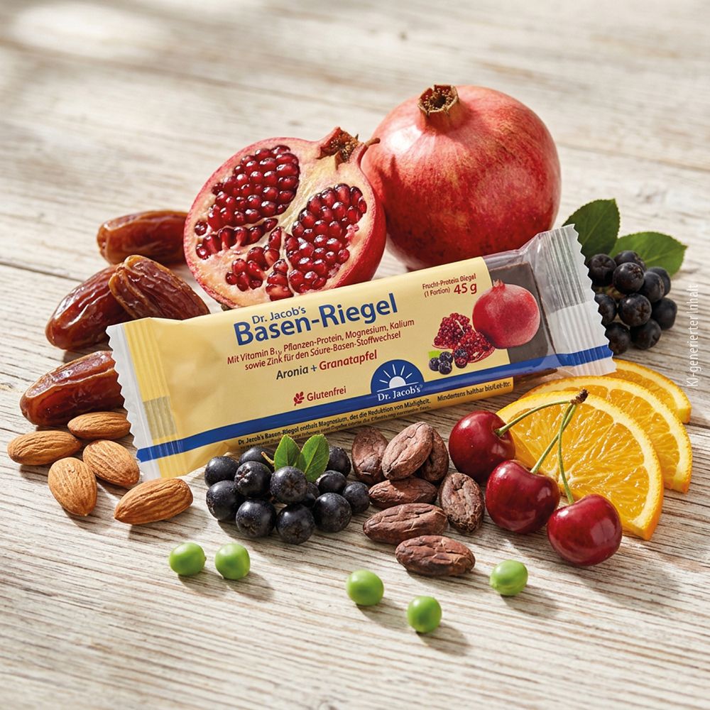 Verpackung eines Basen-Riegels mit Früchten wie Granatapfel, Aronia, Kirschen, Orangen und Datteln, Mandeln, Kakaobohnen.