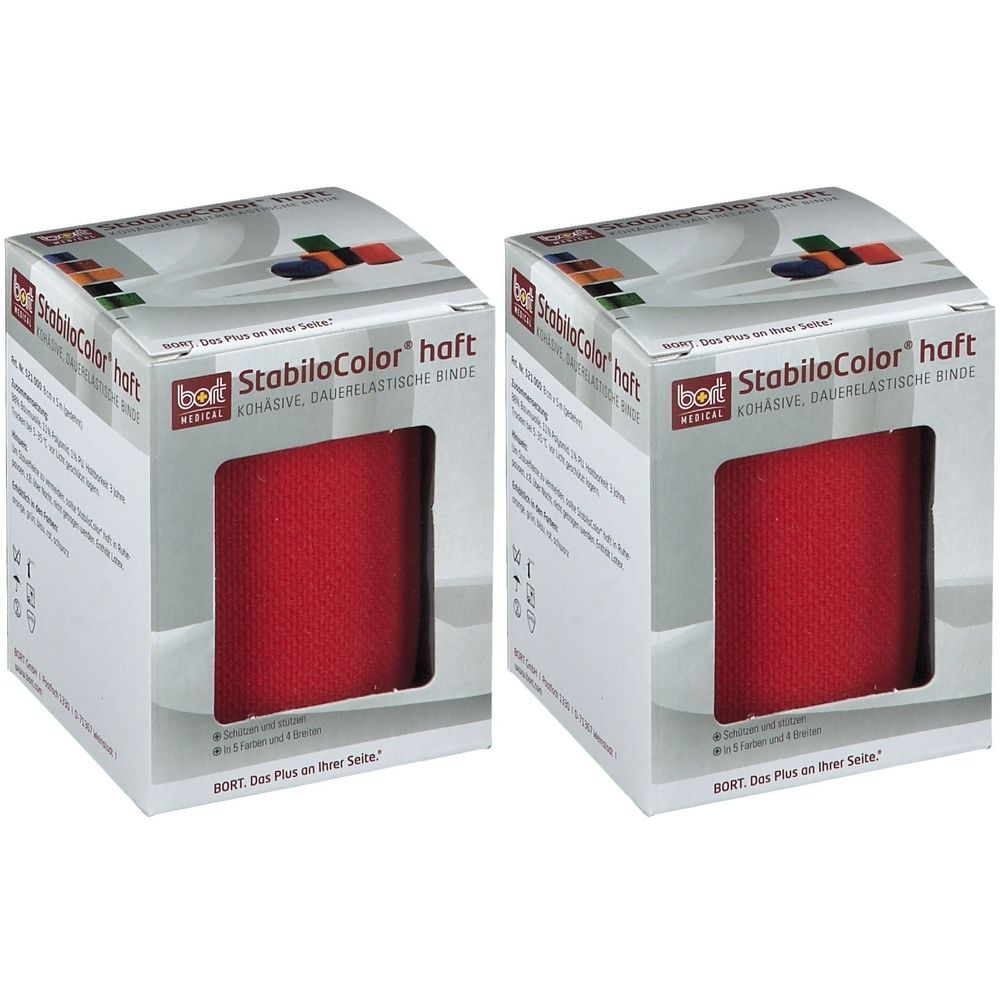 Zwei Packungen BORT StabiloColor haft Binde, rot. Aufdruck: StabiloColor haft, kohäsive, dauerelastische Binde. Verpackung mit Produktansicht.