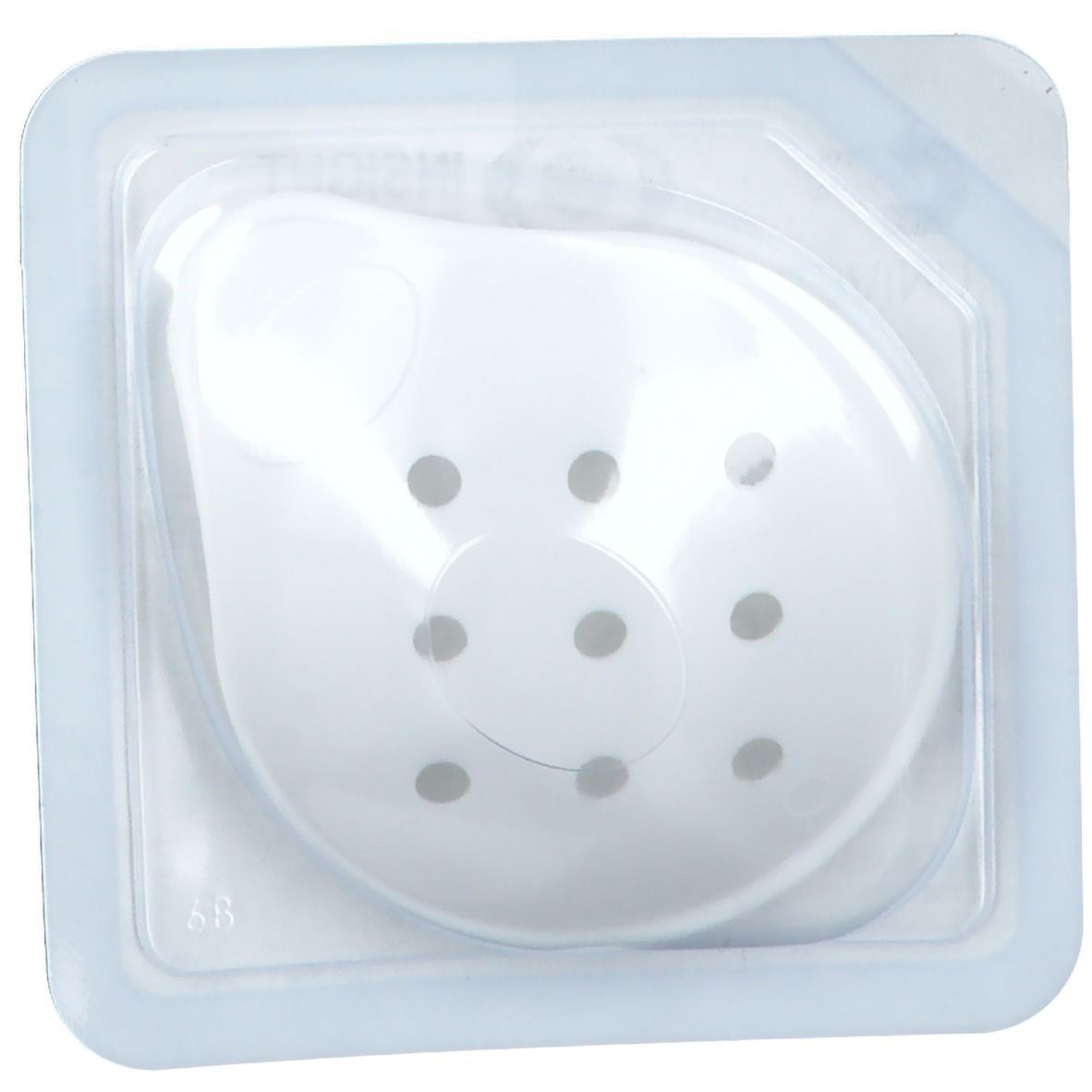 Weiße Augenklappe aus Kunststoff mit Löchern, in transparenter Verpackung. Universelle Form.