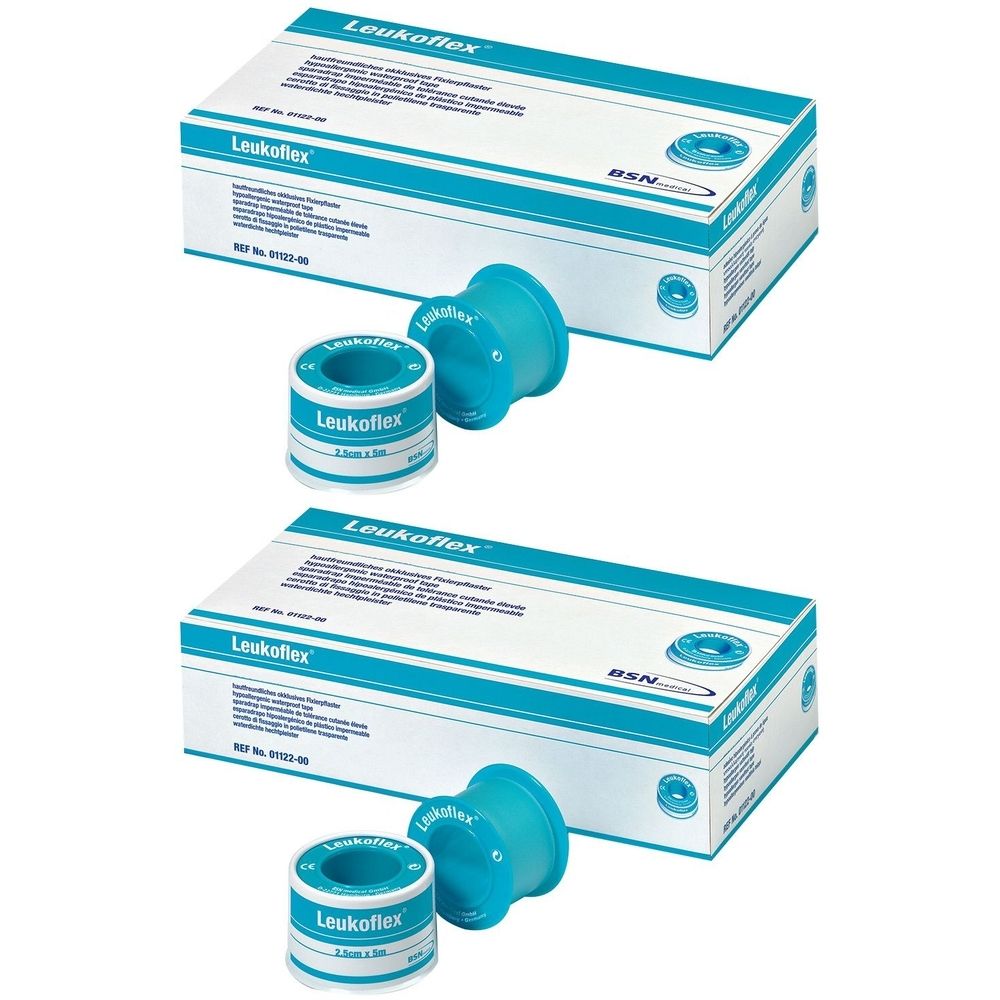 Zwei Packungen Leukoflex-Klebeband, Rollen und Spulen. Blaue Spulen, weiße Verpackung mit blauen Akzenten. Produktname deutlich sichtbar.
