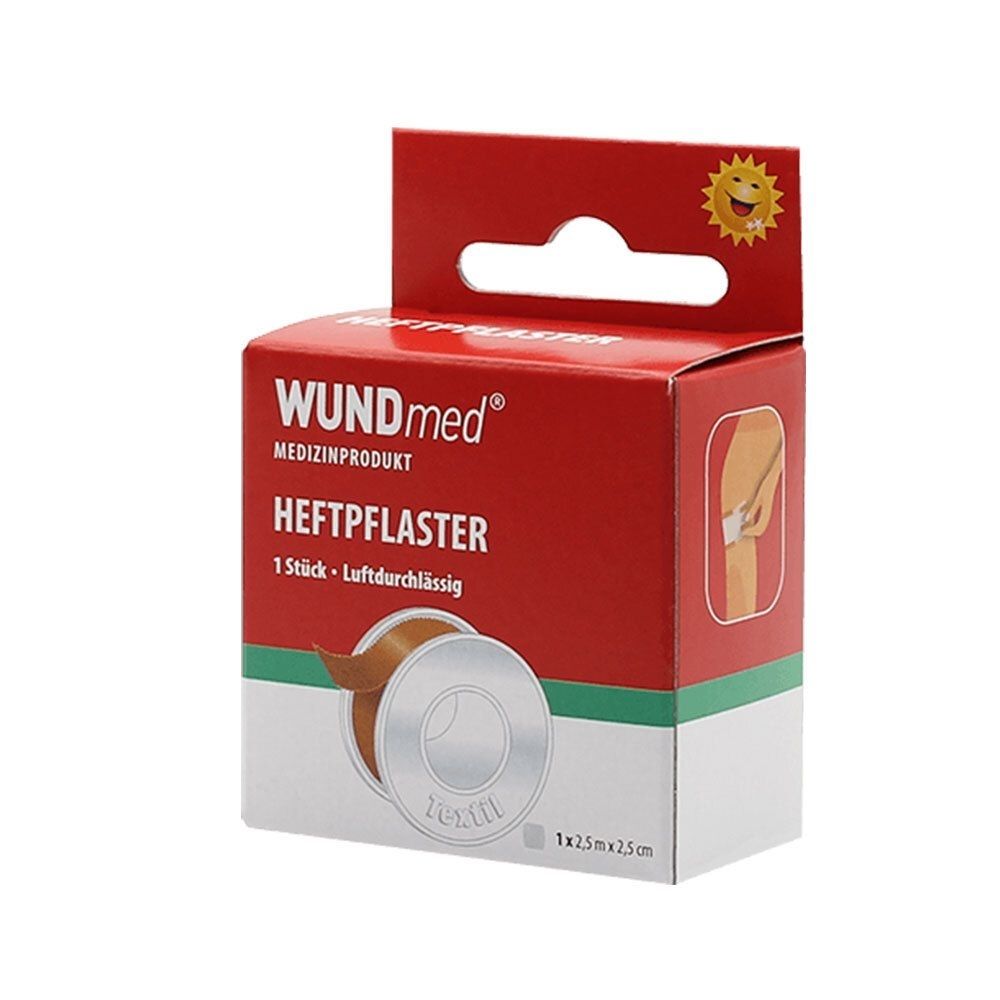 Verpackung von WUNDmed Heftpflaster. Rote Schachtel mit Produktnamen und Rollen-Abbildung. 1 x 2,5 m x 2,5 cm.