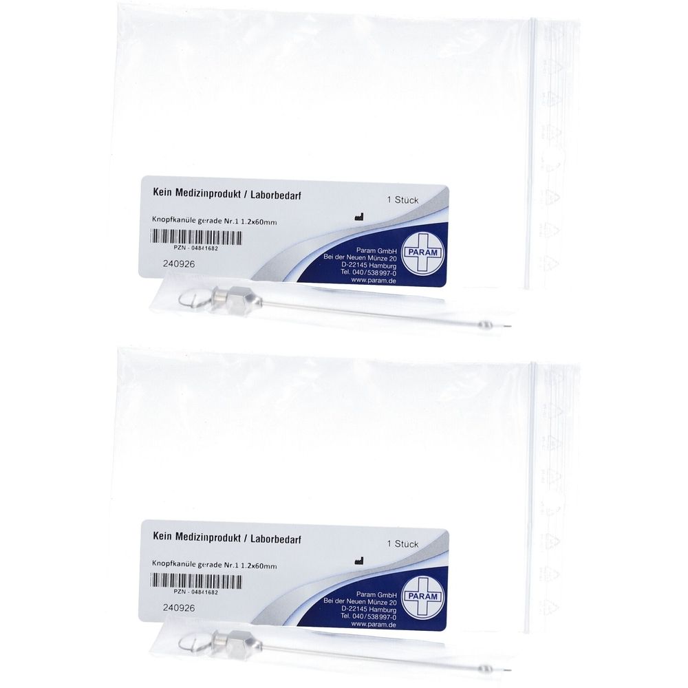 Zwei Knopfkanülen gerade, verpackt in transparenten Beuteln. Auf den Etiketten steht "Kein Medizinprodukt / Laborbedarf".