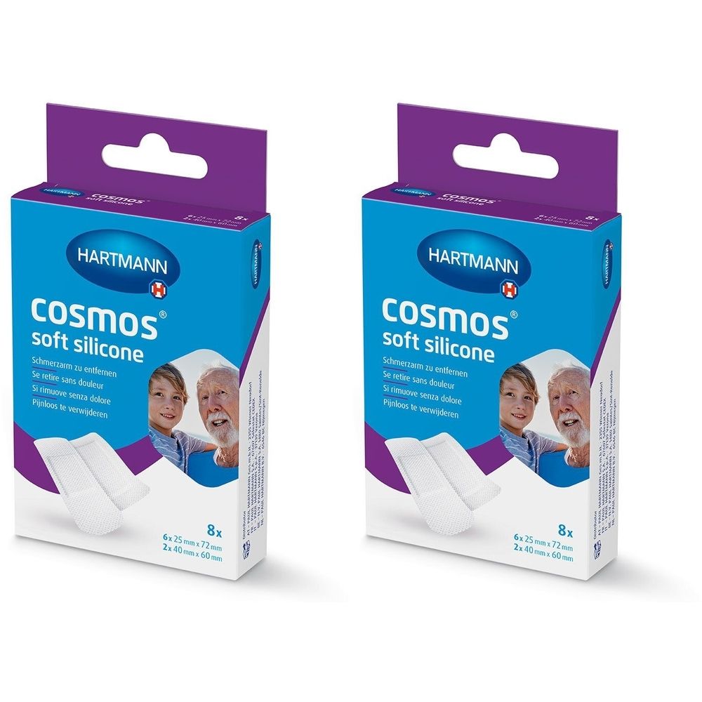 Zwei Packungen HARTMANN cosmos® soft silicone. Blaue Schachteln mit Produktnamen und Abbildungen. Enthält 8 Stück, 4 x 25mm x 72mm und 2 x 60mm x 60mm.
