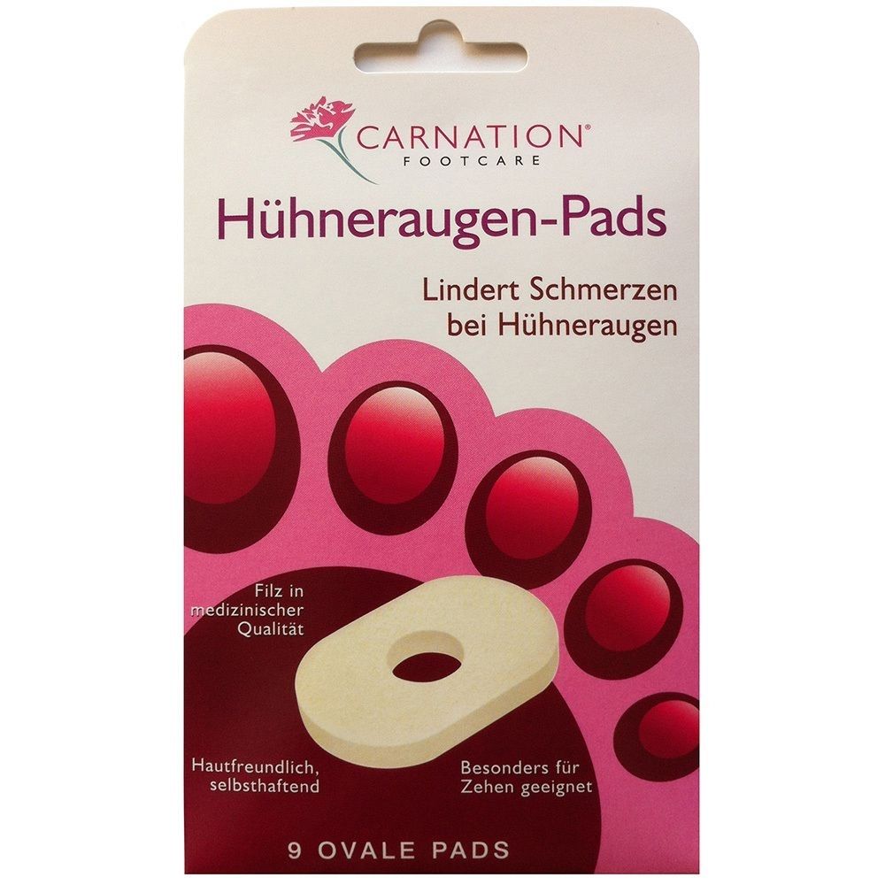 Verpackung mit 9 ovalen Pads. Aufschrift: CARNATION, Hühneraugen-Pads. Text: Lindert Schmerzen bei Hühneraugen. Medizinischer Filz.