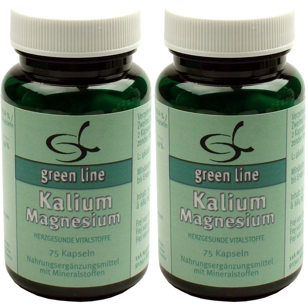 Zwei grüne Flaschen mit weißem Deckel. Aufschrift: green line Kalium Magnesium, 75 Kapseln. Nahrungsergänzungsmittel mit Mineralstoffen.
