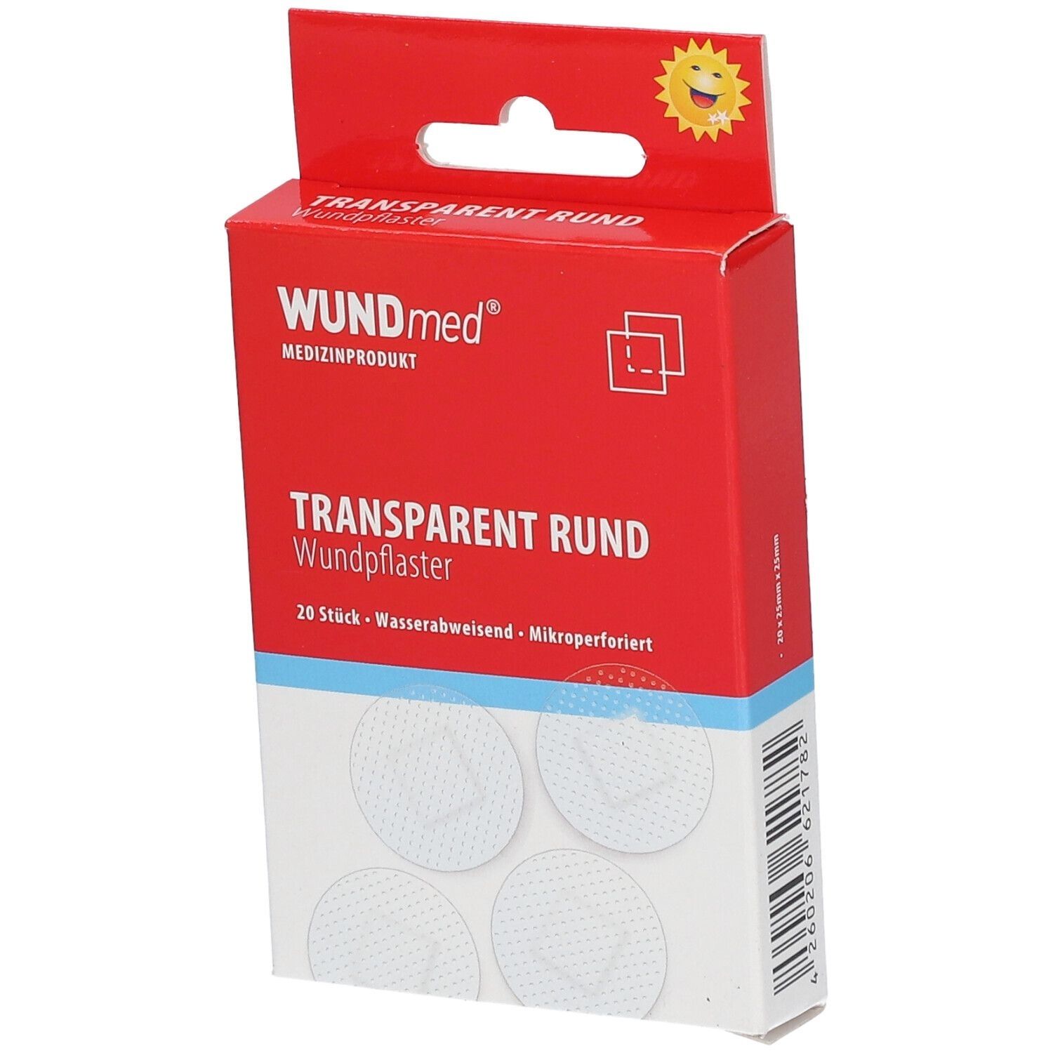 Verpackung mit transparenten, runden Wundpflastern. Aufschrift: WUNDmed, transparent rund, 20 Stück, wasserabweisend, mikroperforiert.