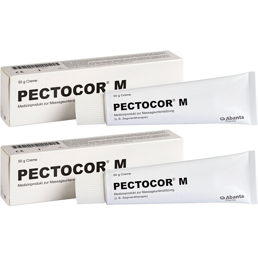 Zwei weiße Tuben und Schachteln mit der Aufschrift PECTOCOR M. Auf den Tuben und Schachteln steht "50 g Creme".