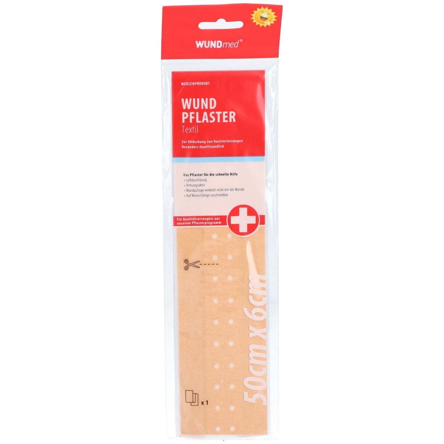 Verpackung mit Wundpflaster Textil. Rotes Oberteil mit Logo und Produktbezeichnung. Pflaster beige mit weißen Punkten, 50cm x 6cm.