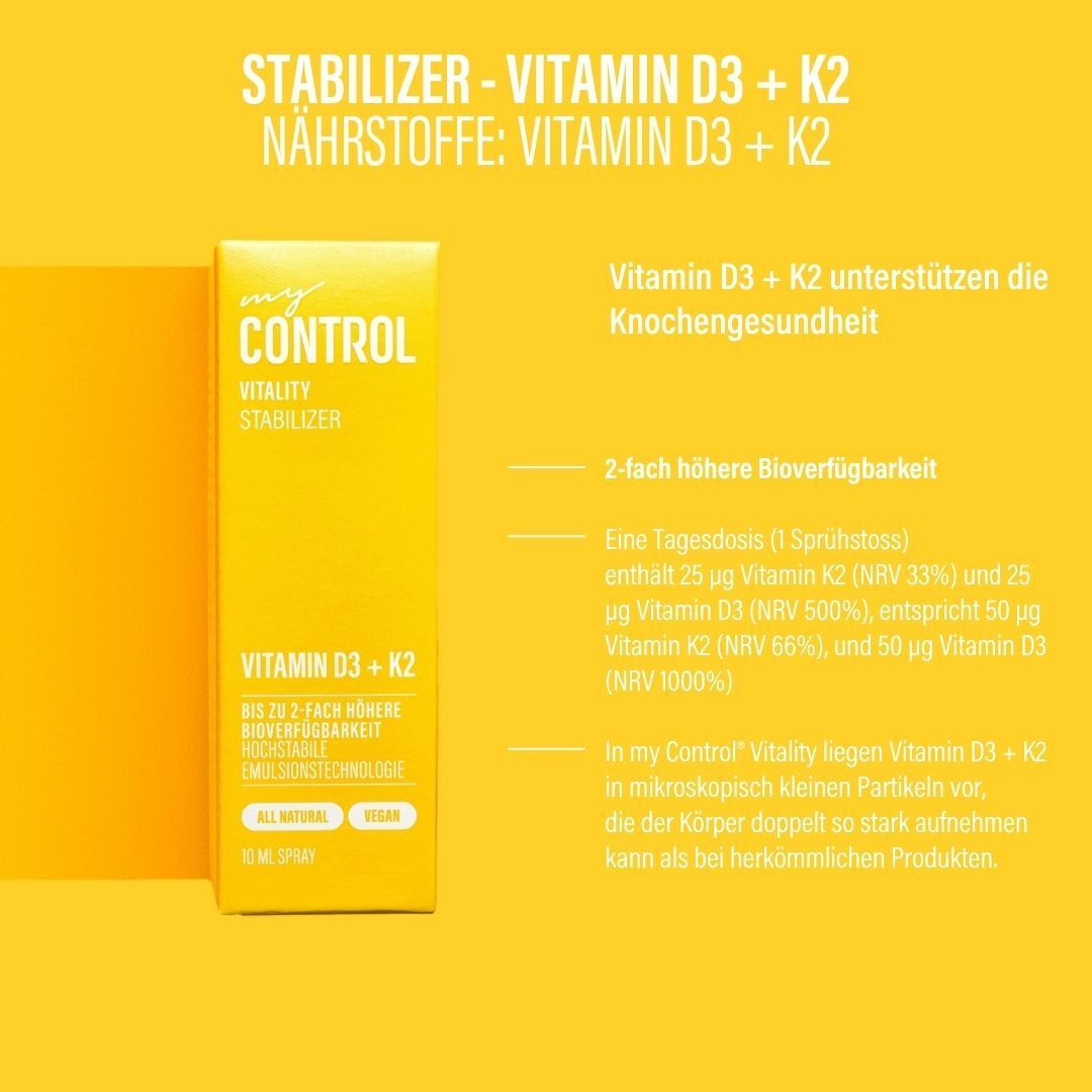 my CONTROL Vitality Stabilizer Vitamin D3 + K2 Spray: 2-fach höhere Bioverfügbarkeit.