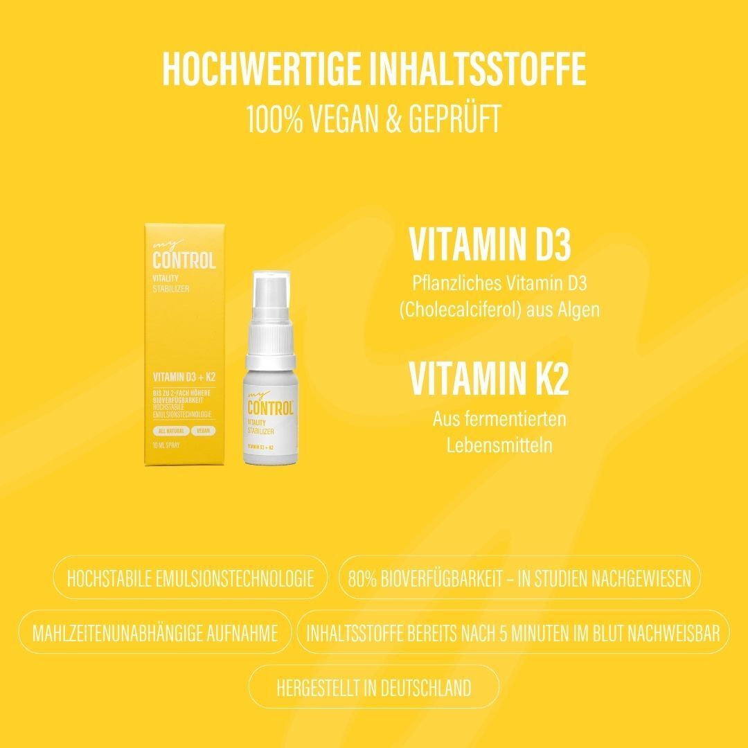 Hochwertige Inhaltsstoffe: Vitamin D3 aus Algen, Vitamin K2 aus fermentierten Lebensmitteln.
