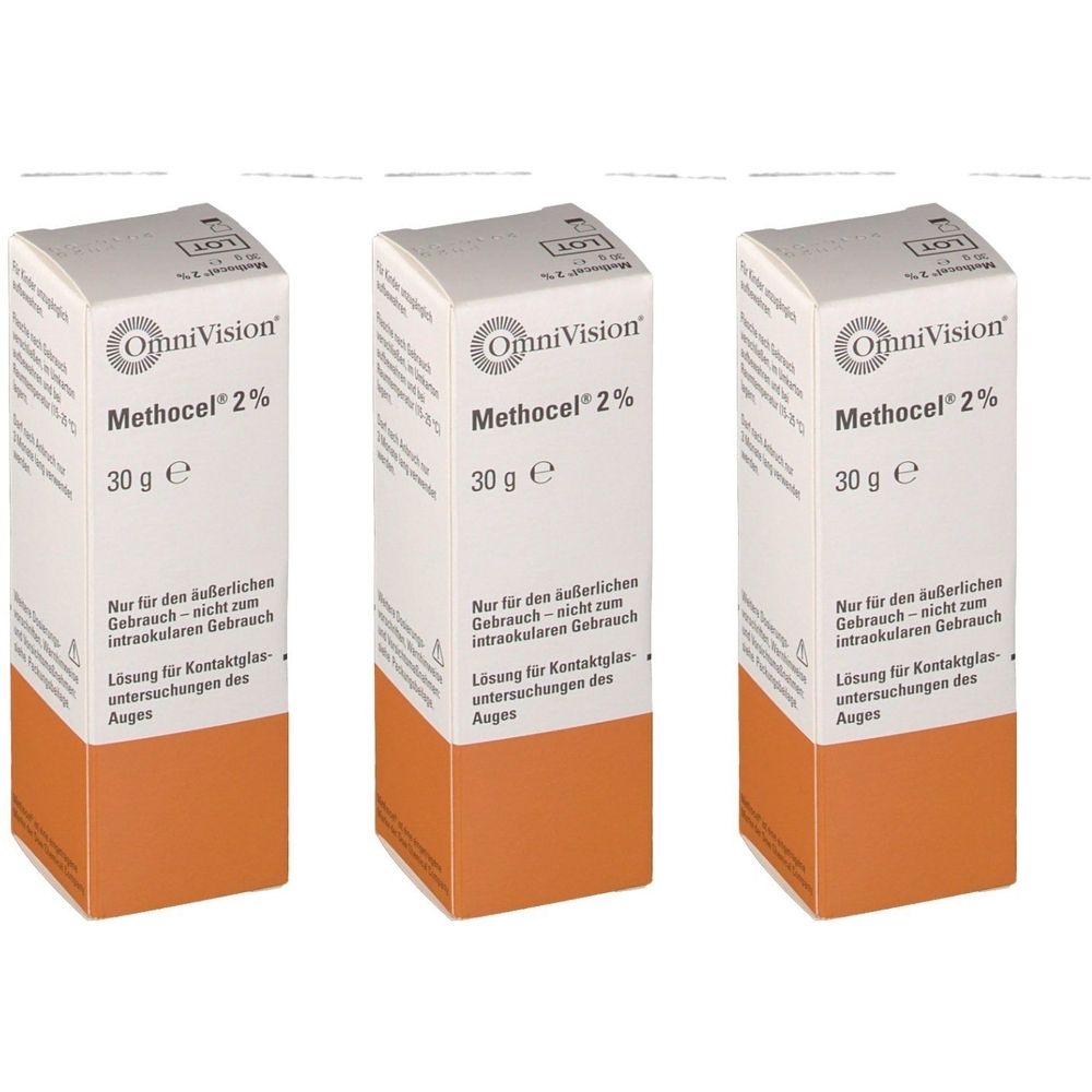 Drei Packungen Methocel 2% Augentropfen. Weiße Schachteln mit orangefarbenem Boden. Aufdruck: OmniVision, Methocel 2%, 30 g.