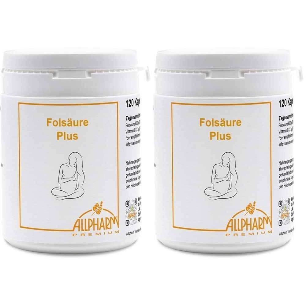 Zwei weiße Dosen mit Deckel. Aufschrift "Folsäure Plus" und Logo. Abbildung einer schwangeren Frau. Marke: Allpharm Premium.