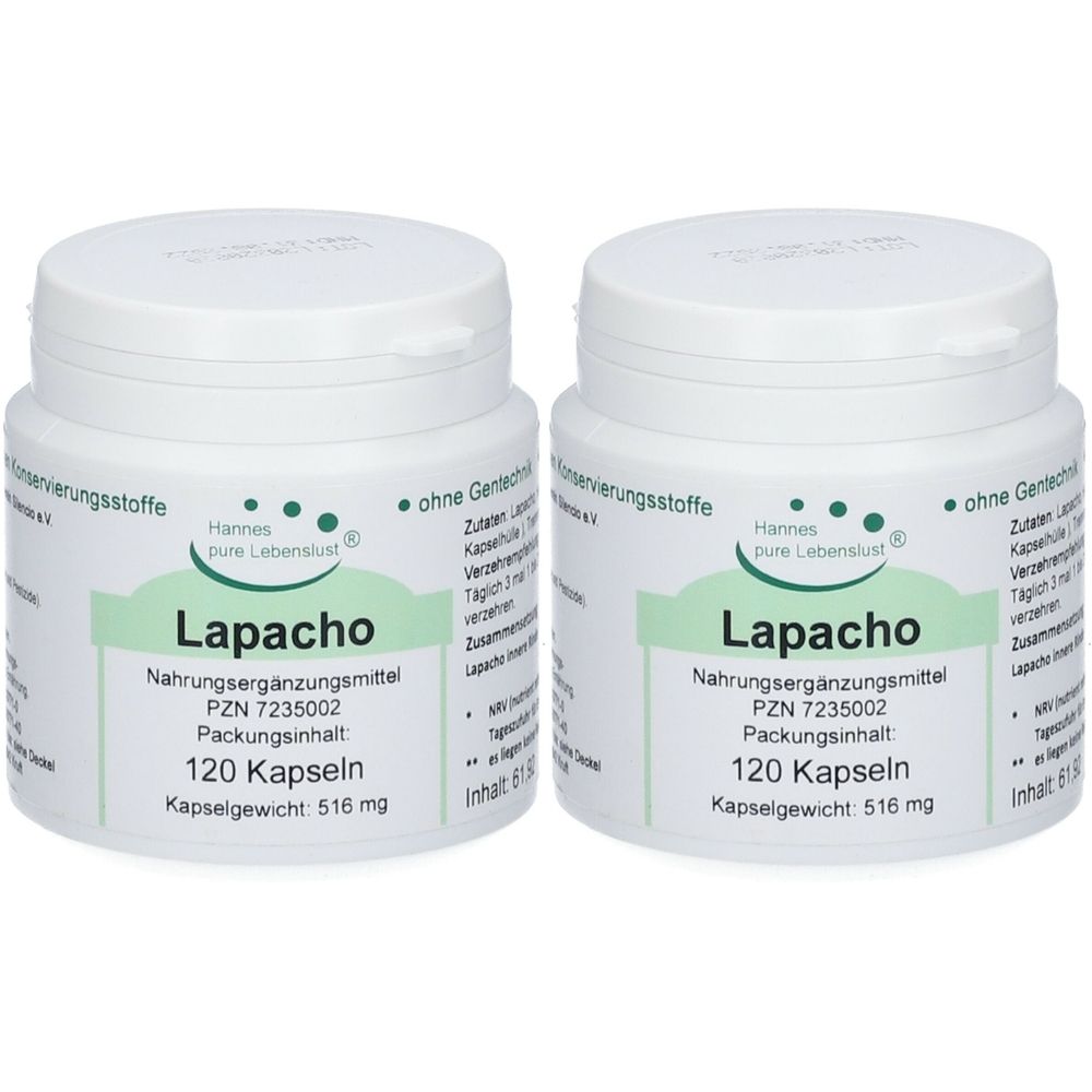 Zwei weiße Dosen mit Deckel. Aufschrift: Lapacho, Nahrungsergänzungsmittel, 120 Kapseln. Marke: Hannes pure Lebenslust.