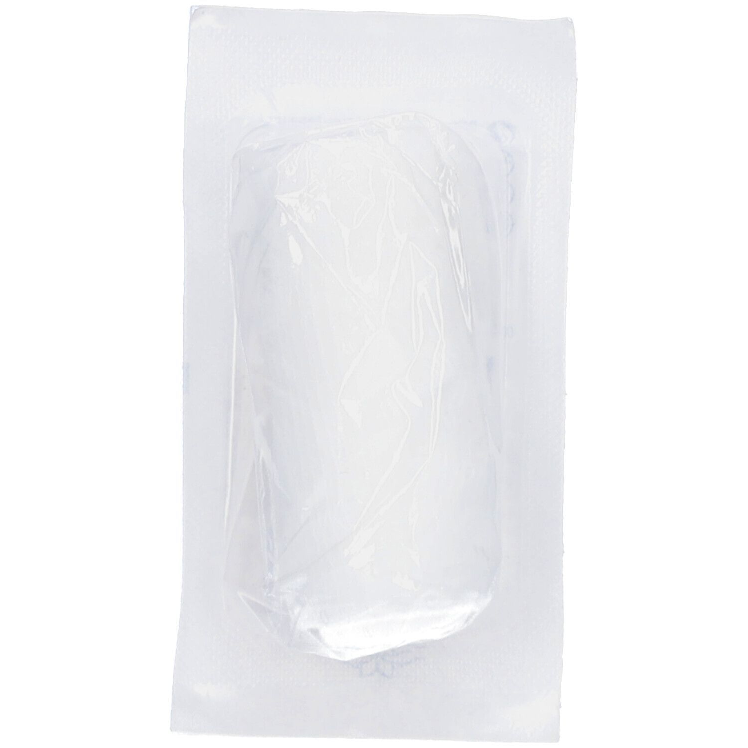 Verbandmull in transparenter Verpackung. Rechteckige Form, weißes Produkt. Sichtbare Falten im Verpackungsmaterial.