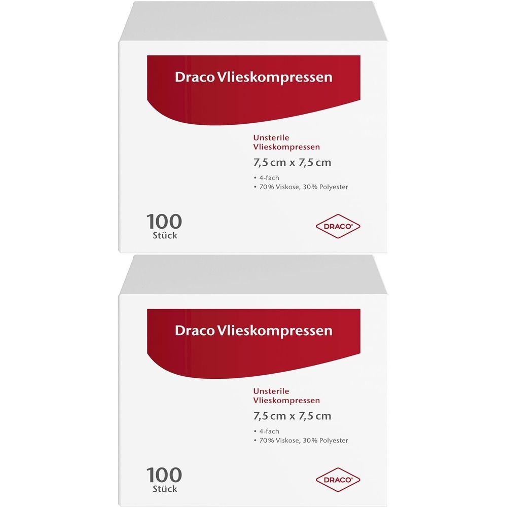 Zwei Packungen Draco Vlieskompressen. Jede Packung enthält 100 Stück, 7,5 x 7,5 cm. Unsteril, 4-fach, 70% Viskose, 30% Polyester.