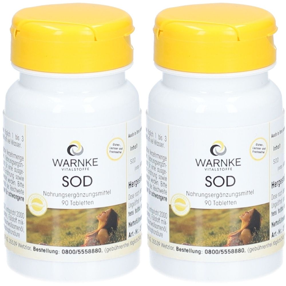 Zwei weiße Flaschen mit gelben Deckeln. Aufschrift WARNKE SOD, Nahrungsergänzungsmittel. 90 Tabletten. Abbildung einer Person.