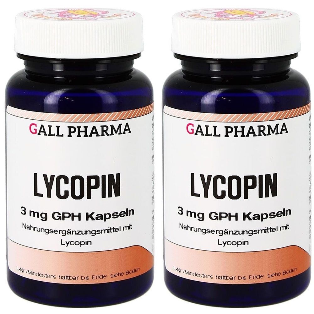Zwei Flaschen mit weißen Etiketten. Aufschrift: GALL PHARMA, LYCOPIN, 3 mg GPH Kapseln. Nahrungsergänzungsmittel mit Lycopin. Blaue Flaschen, weiße Deckel.