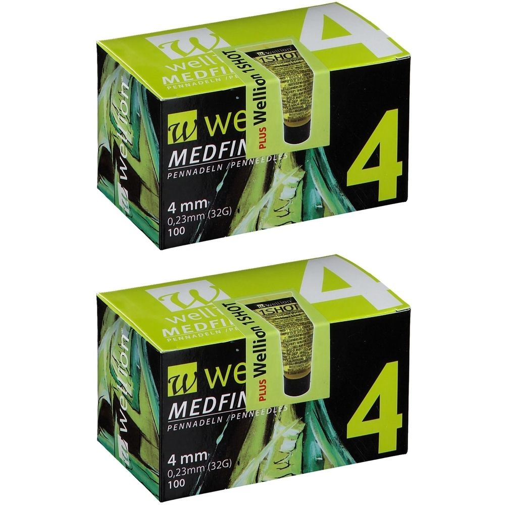 Zwei Schachteln mit Pen-Nadeln. Aufschrift: Wellion Medfine, 4 mm, 0,23 mm (32G), 100. Grün-schwarze Verpackung mit gelbem Akzent.
