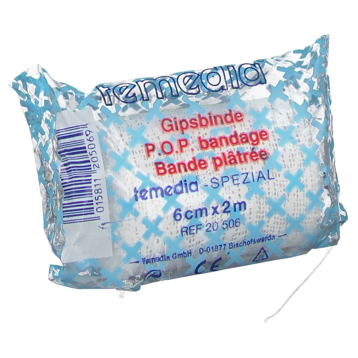 Gipsbinde in Folienverpackung. Aufschrift: temedia, Gipsbinde spezial, 6 cm x 2 m. Mit CE-Kennzeichnung.