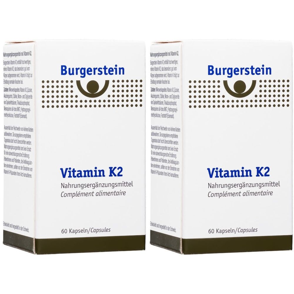 Zwei weiße Schachteln mit Burgerstein Vitamin K2. Aufschrift: Nahrungsergänzungsmittel, 60 Kapseln. Logo mit braunem Kreis.