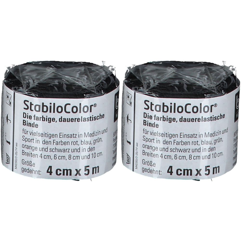 Zwei Rollen Binde, schwarz, verpackt. Aufschrift: StabiloColor, 4 cm x 5 m. Für Medizin und Sport.