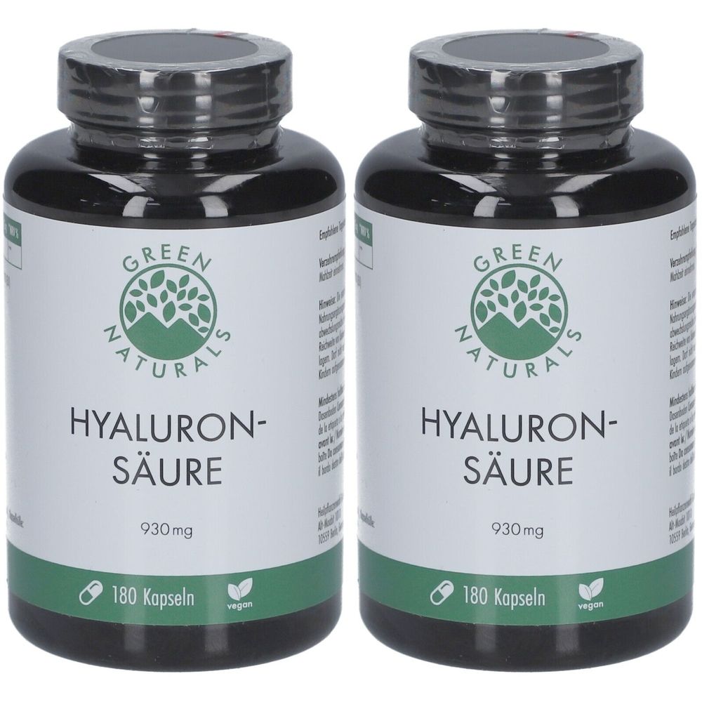 Zwei Flaschen mit schwarzem Deckel. Auf dem Etikett steht: GREEN NATURALS, HYALURON-SÄURE, 930mg, 180 Kapseln, vegan.