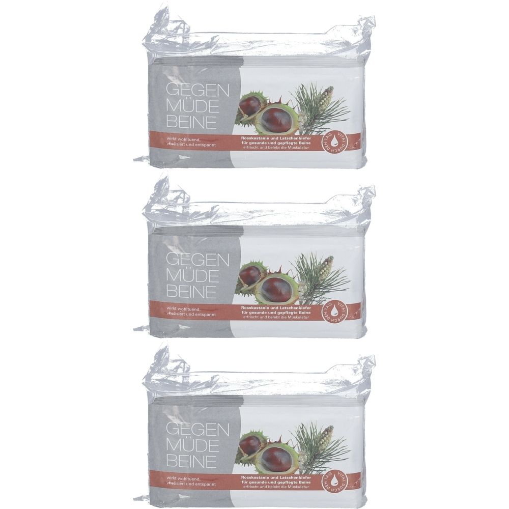 Drei verpackte Produkte. Aufdruck: Gegen müde Beine. Illustrationen von Rosskastanie und Latschenkiefer. Verpackung aus transparentem Kunststoff.