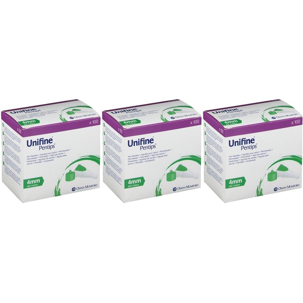 Drei Schachteln mit Produktbeschriftung: Unifine Pentips, 4 mm. Auf jeder Schachtel ist die Anzahl 100 angegeben.