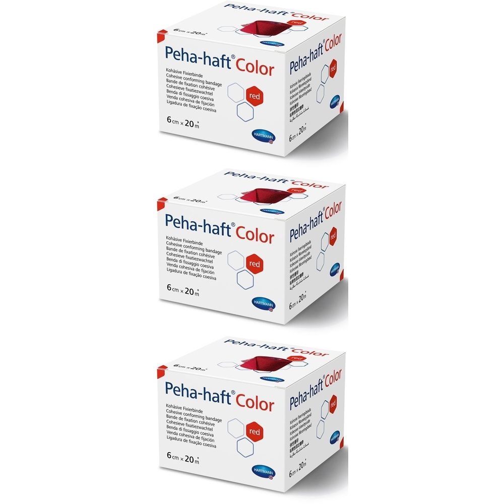 Drei weiße Kartons mit roter Öffnung. Aufdruck: Peha-haft Color, 6 x 20. Rote Markierung. Mehrsprachige Produktinformationen.