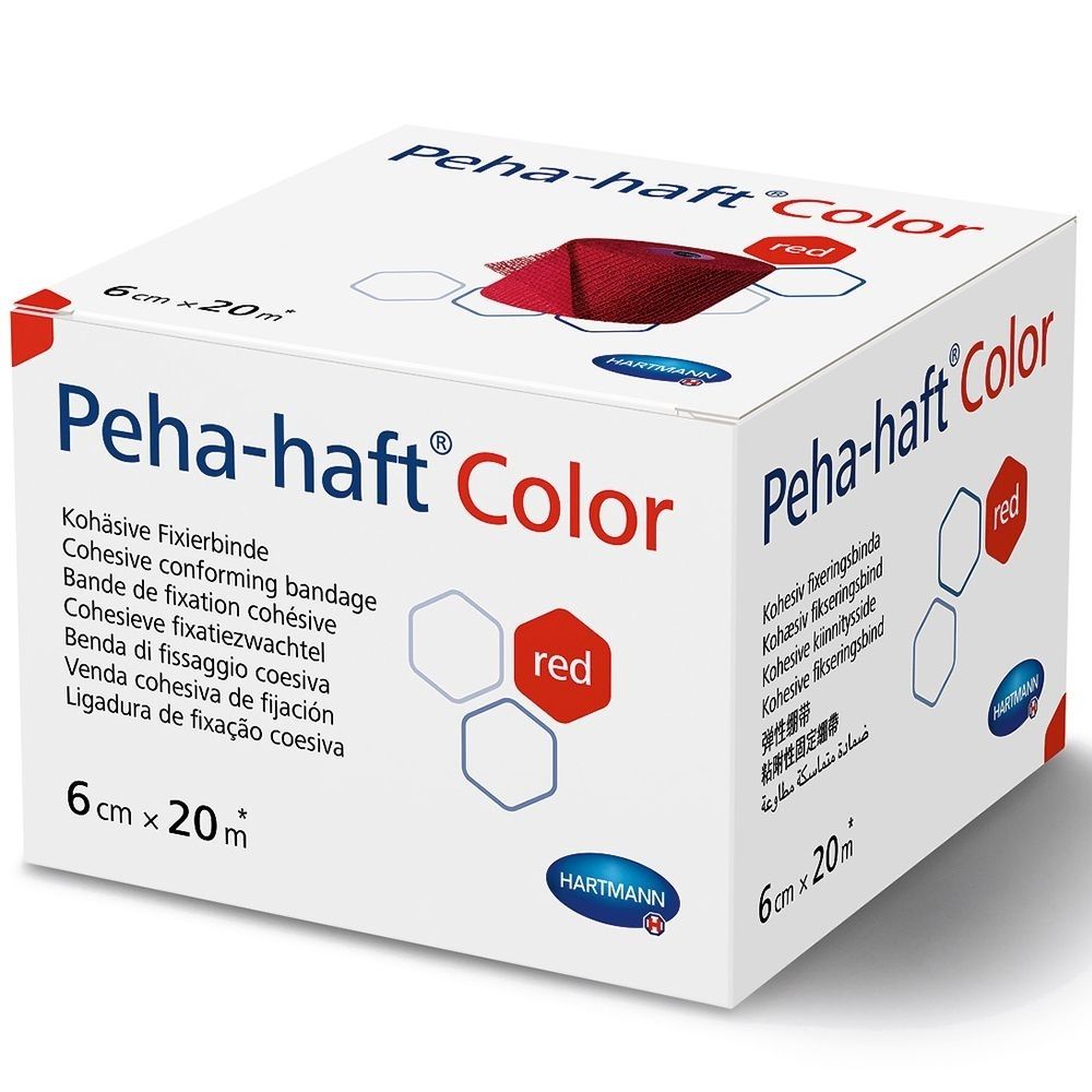 Verpackung von Peha-haft® Color. Aufdruck: 6 cm x 20 m, rot. Produktname und Marke deutlich sichtbar. Hartmann-Logo.