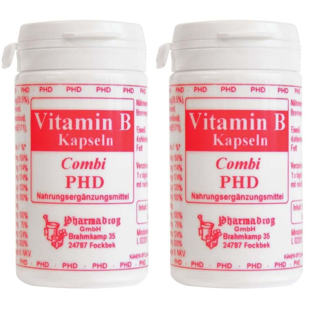 Zwei weiße Pillendosen mit roter Beschriftung. Aufschrift: Vitamin B Kapseln Combi PHD. Nahrungsergänzungsmittel.