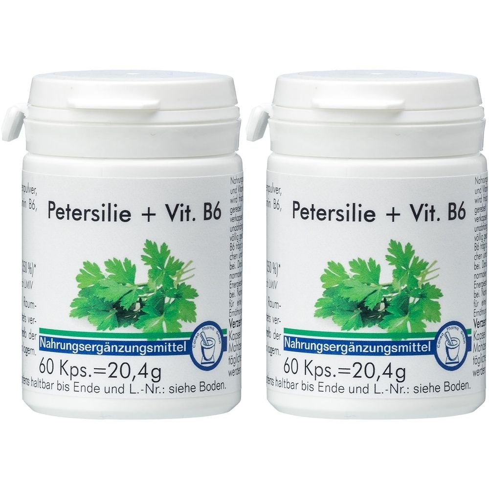 Zwei weiße Pillendosen mit Deckel. Aufschrift: Petersilie + Vit. B6. Etikett mit Kräuterabbildung und Text: Nahrungsergänzungsmittel, 60 Kps.
