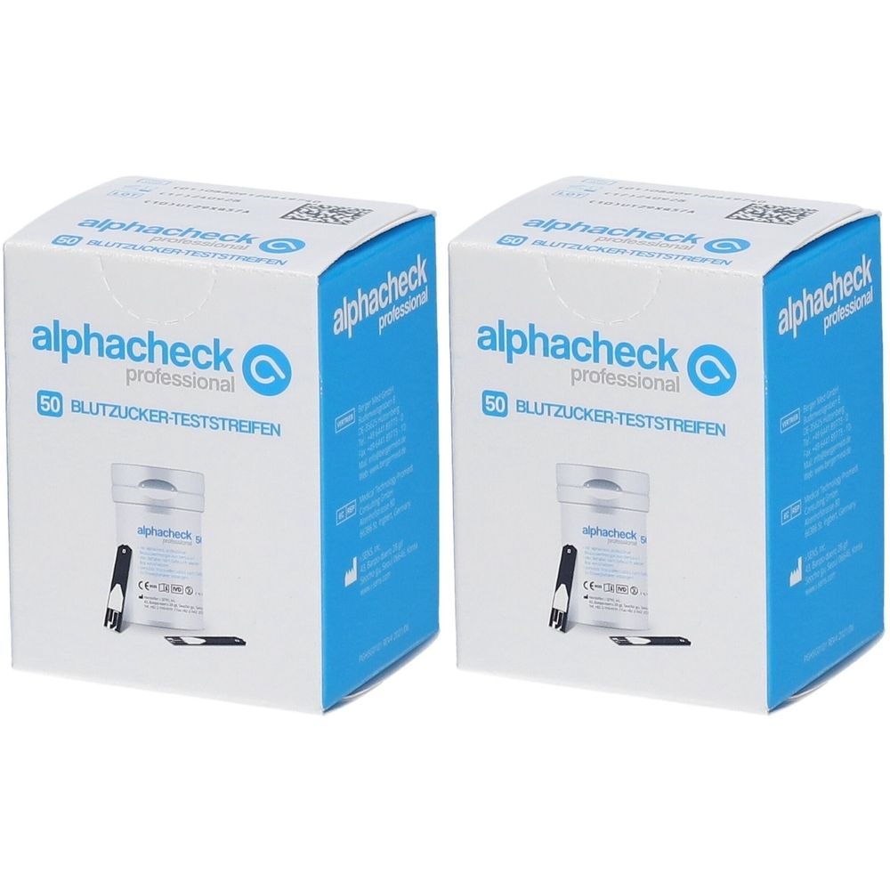 Zwei Packungen ALPHACHECK professional Blutzuckerteststreifen. Weiße Kartons mit blauen Akzenten. Aufdruck: 50 Blutzucker-Teststreifen.