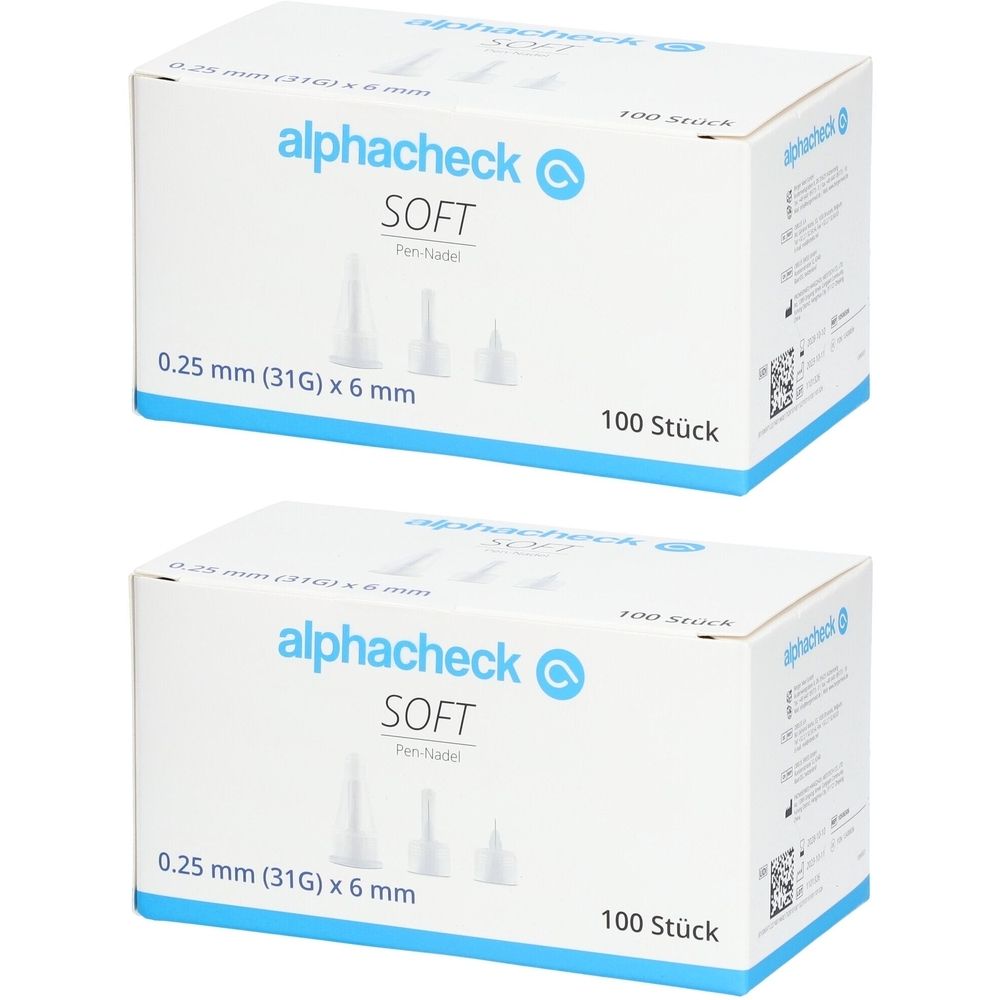 Zwei weiße Kartons mit blauer Schrift. Aufschrift: alphacheck SOFT, 0,25 mm (31G) x 6 mm, 100 Stück. Abgebildet sind Pen-Nadeln.