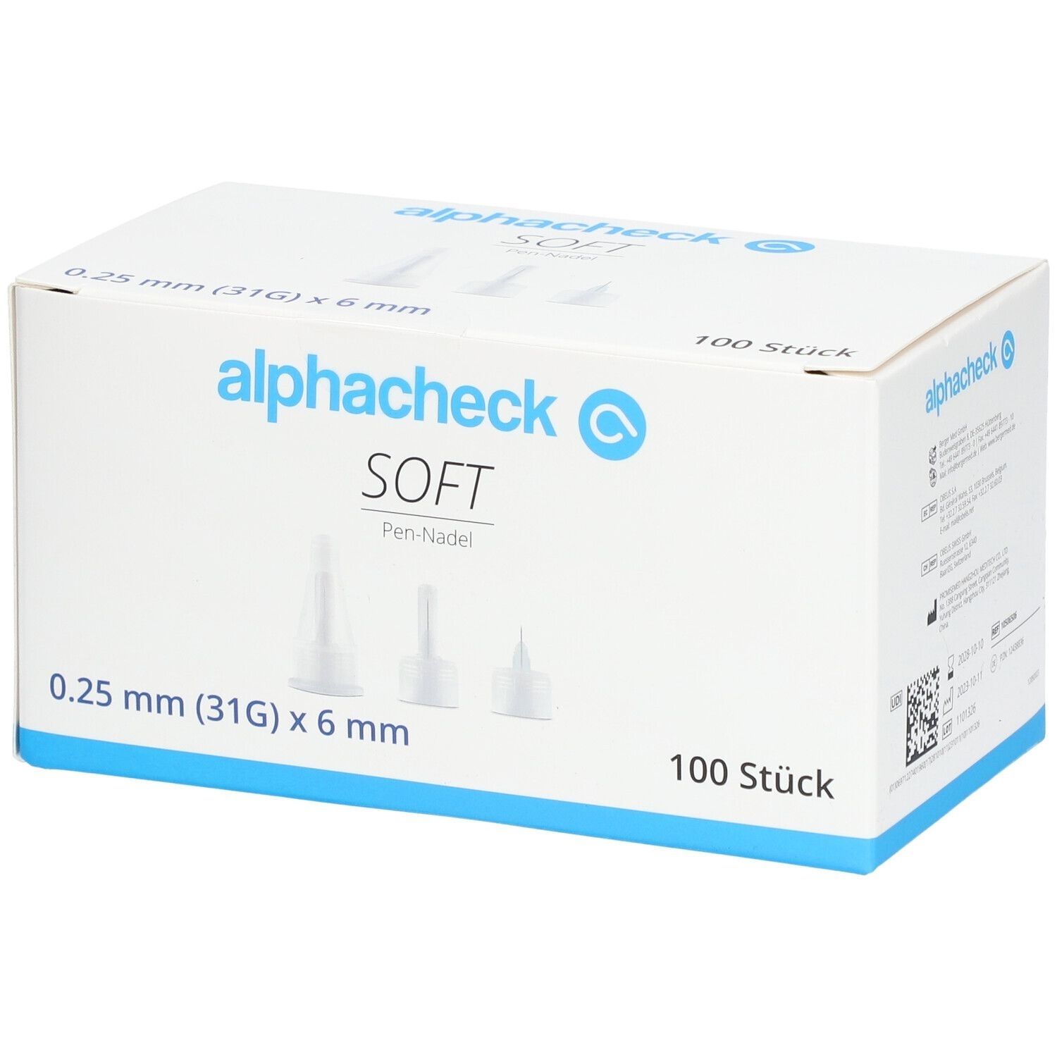 Weißer Karton mit "alphacheck SOFT Pen-Nadeln". Aufdruck: 0,25 mm (31G) x 6 mm, 100 Stück. Blaue Akzente.