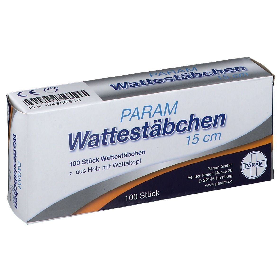 Karton PARAM Wattestäbchen. Enthält 100 Stück, 15 cm lang. Holzstäbchen mit Wattekopf. CE-Kennzeichnung.