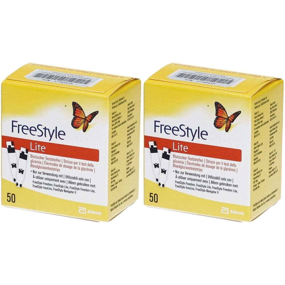 Zwei gelbe Kartons mit der Aufschrift "FreeStyle Lite". Auf der Vorderseite sind Teststreifen abgebildet. 50 Stück.
