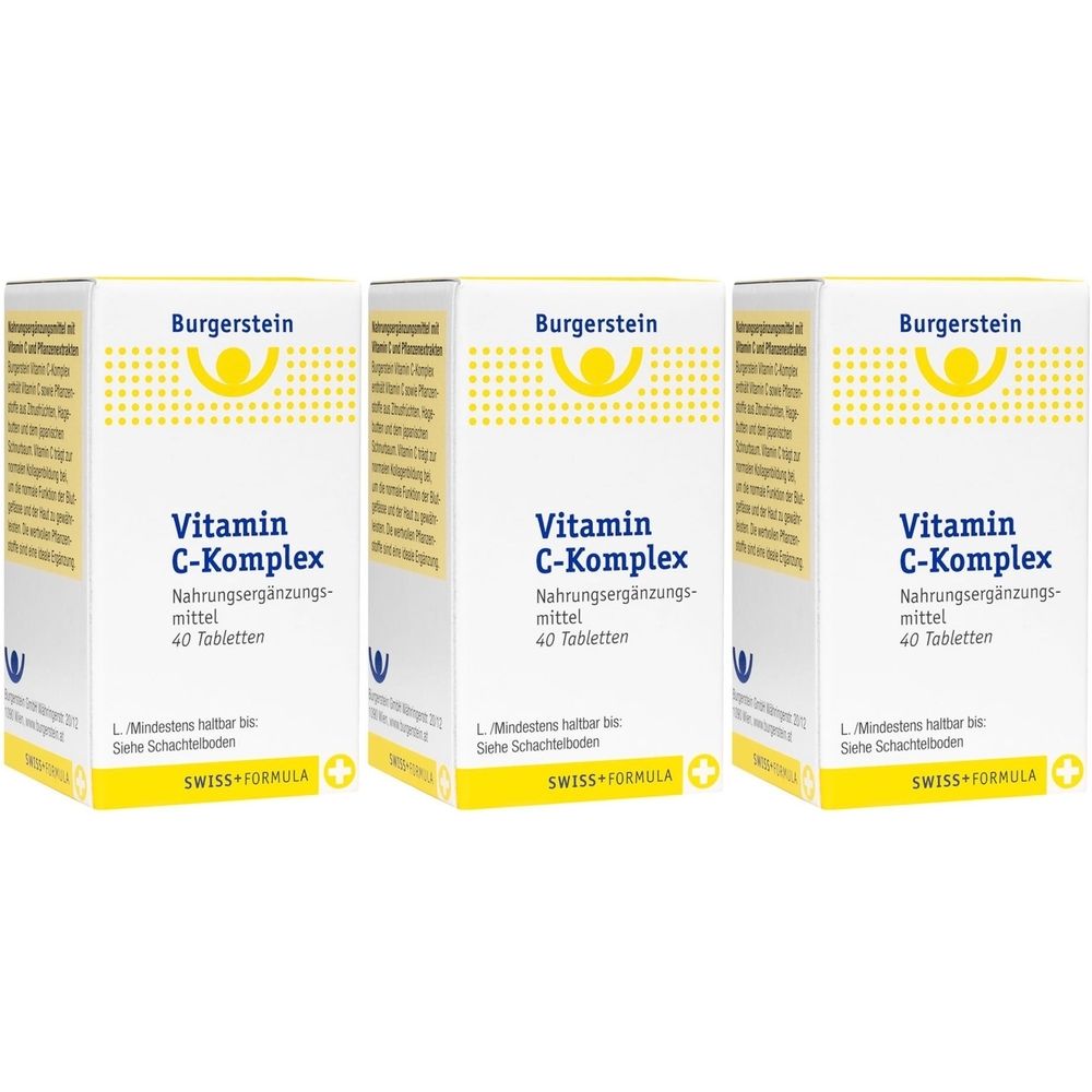 Drei Schachteln Burgerstein Vitamin C-Komplex. Weiße Verpackung mit gelben Akzenten und blauer Schrift. Aufschrift: 40 Tabletten.