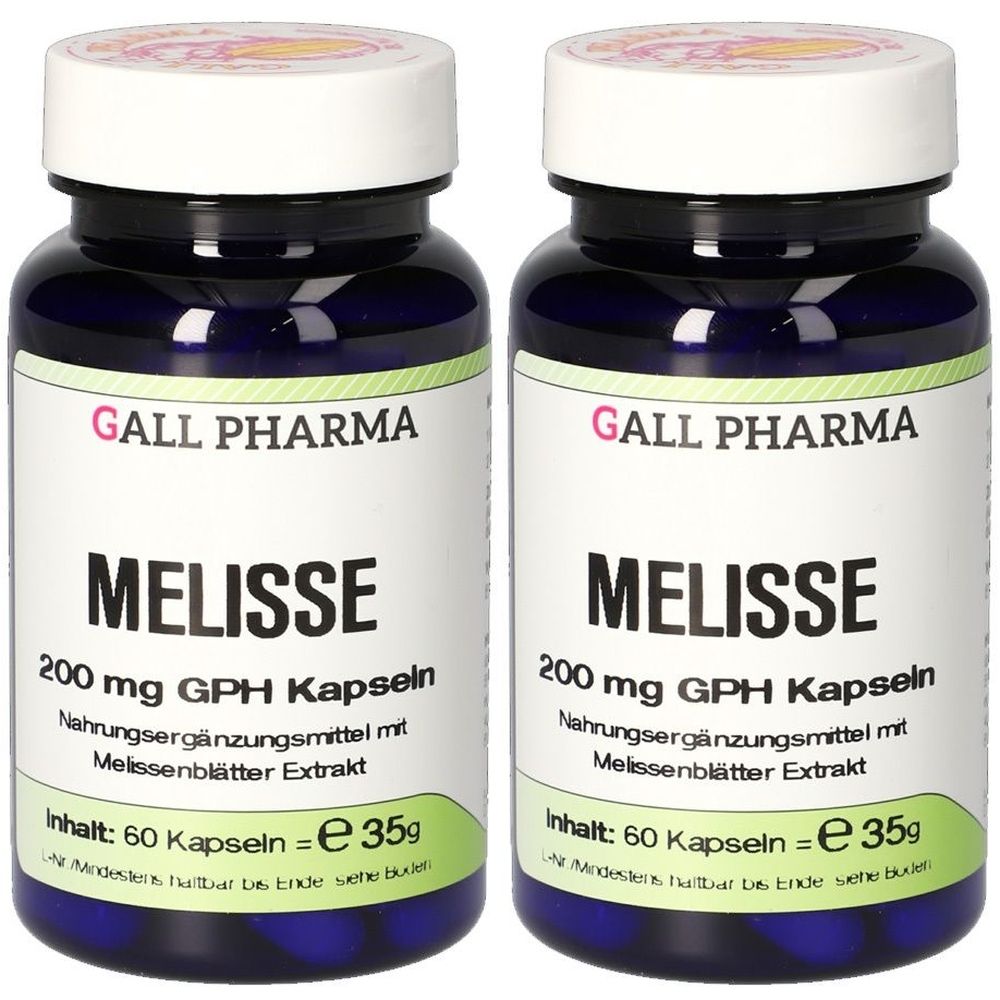 Zwei Flaschen mit Kapseln. Aufschrift: MELISSE, 200 mg GPH Kapseln. Inhalt: 60 Kapseln. Marke: GALL PHARMA. Blaue Flaschen, weißer Deckel.