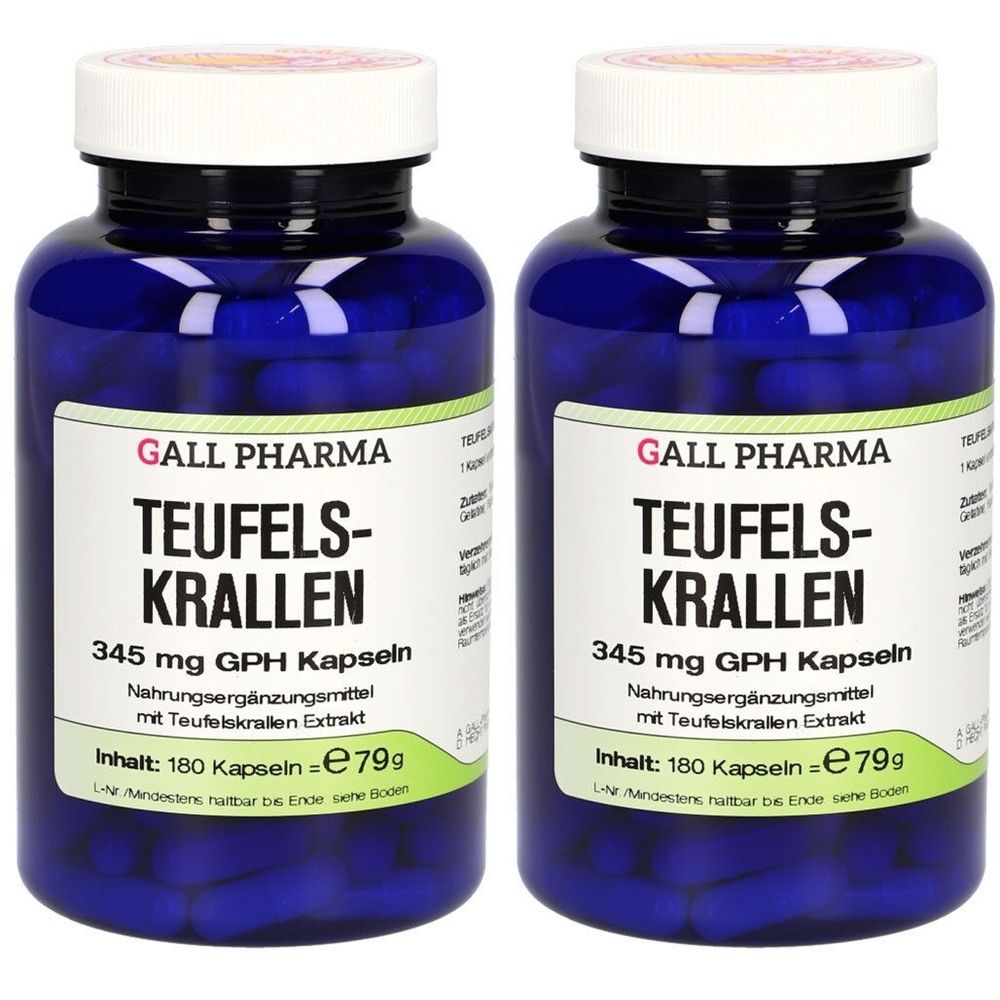 Zwei blaue Flaschen mit weißen Deckeln. Auf den Etiketten steht "GALL PHARMA TEUFELS-KRALLEN 345 mg GPH Kapseln".