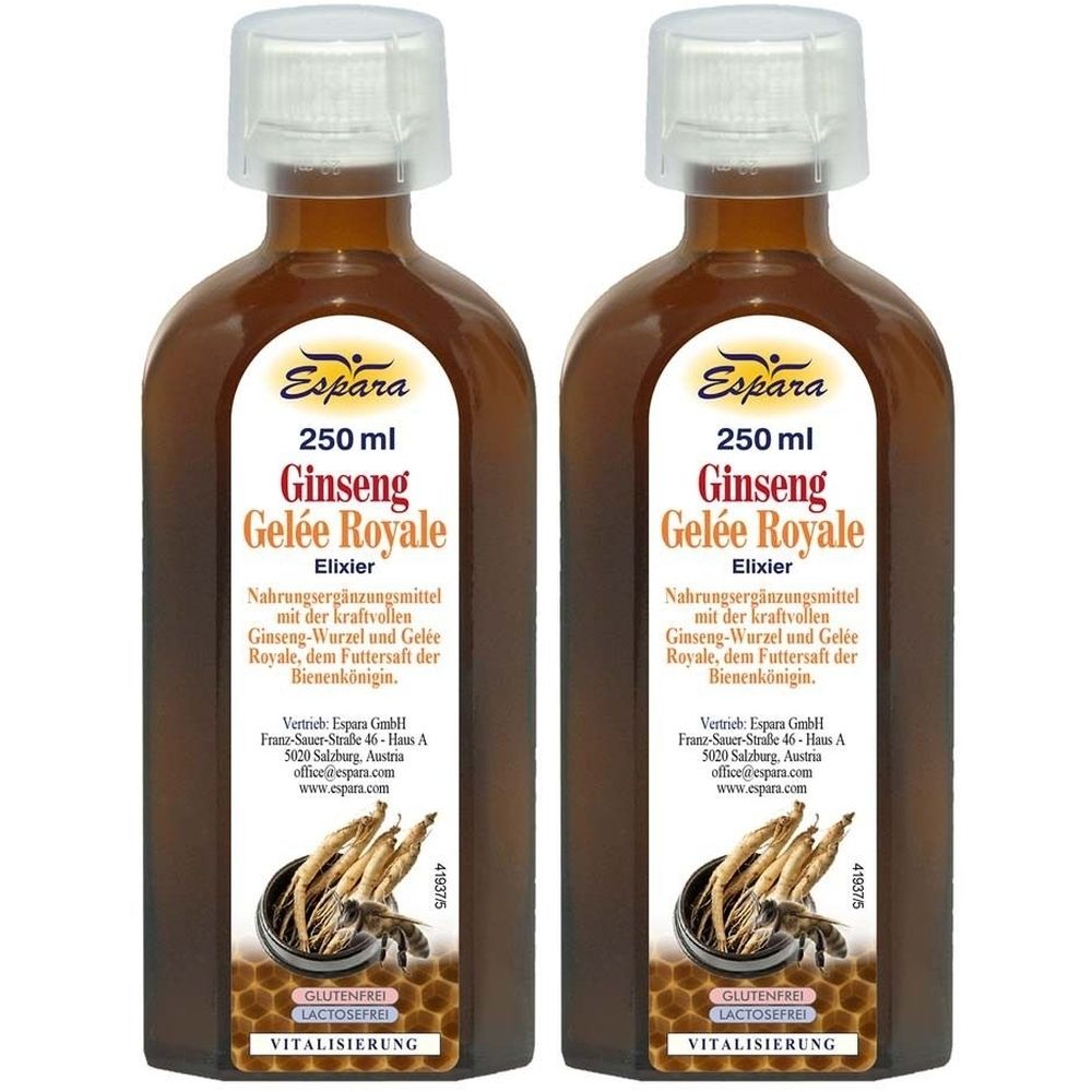 Zwei Flaschen Espara Ginseng Gelee Royale Elixier. Braune Flüssigkeit in braunen Flaschen mit weißem Deckel. Etikett mit Produktnamen und Inhaltsstoffen.