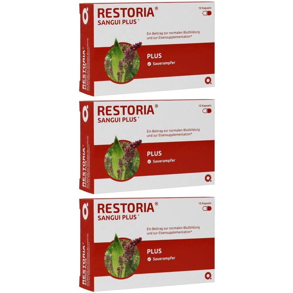 Drei Schachteln RESTORIA SANGUI PLUS. Rote und weiße Verpackung mit Produktnamen und Abbildung. Text in deutscher Sprache.